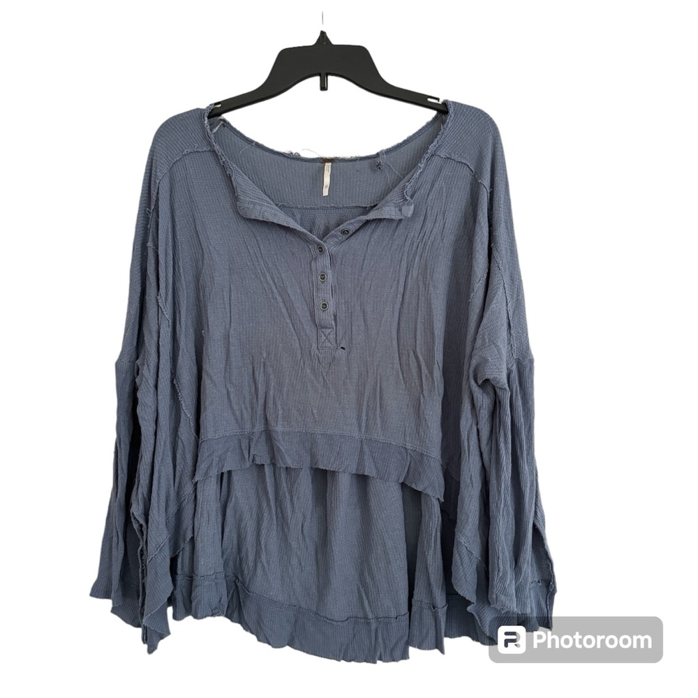 Free People Henley Blue Long Sleeve Waffle Knit Top XS